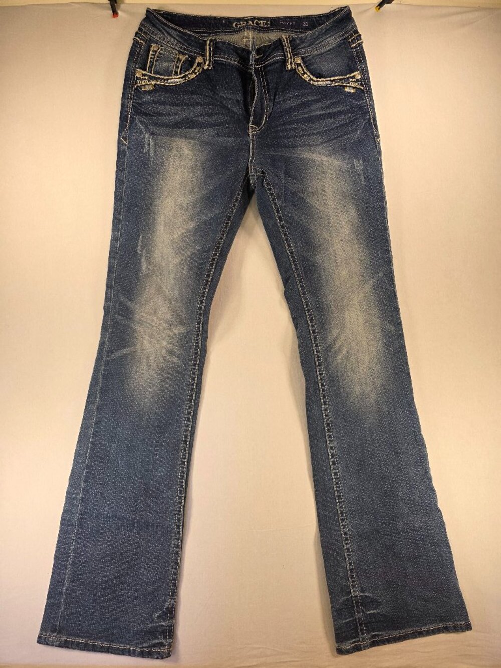Grace In La Women’s Flare Jeans Size 31 Easy Fit Embroidered Bootcut Blue Denim